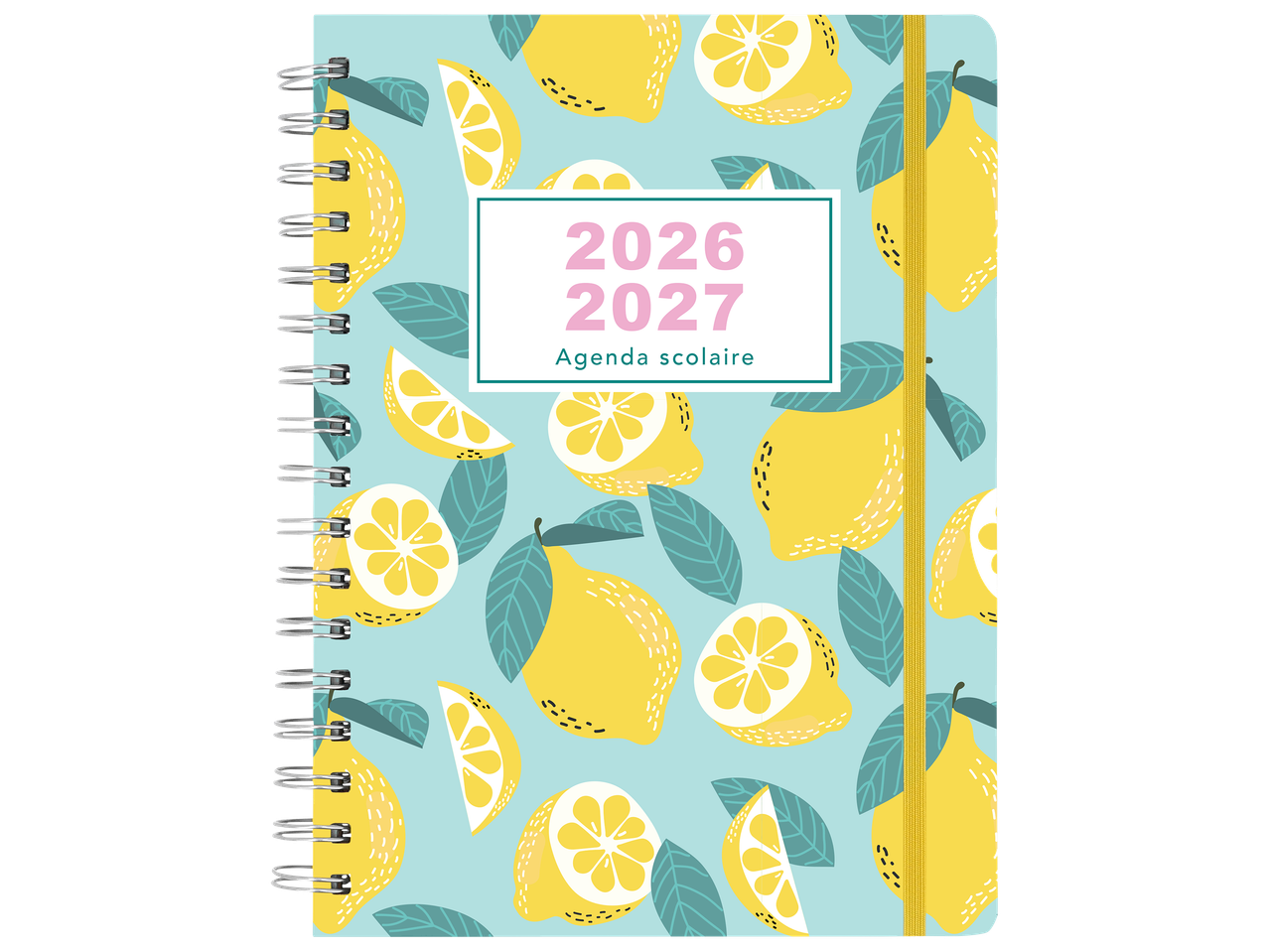 Agenda scolaire 2026-2027 à spirale avec motif citrons et feuilles.