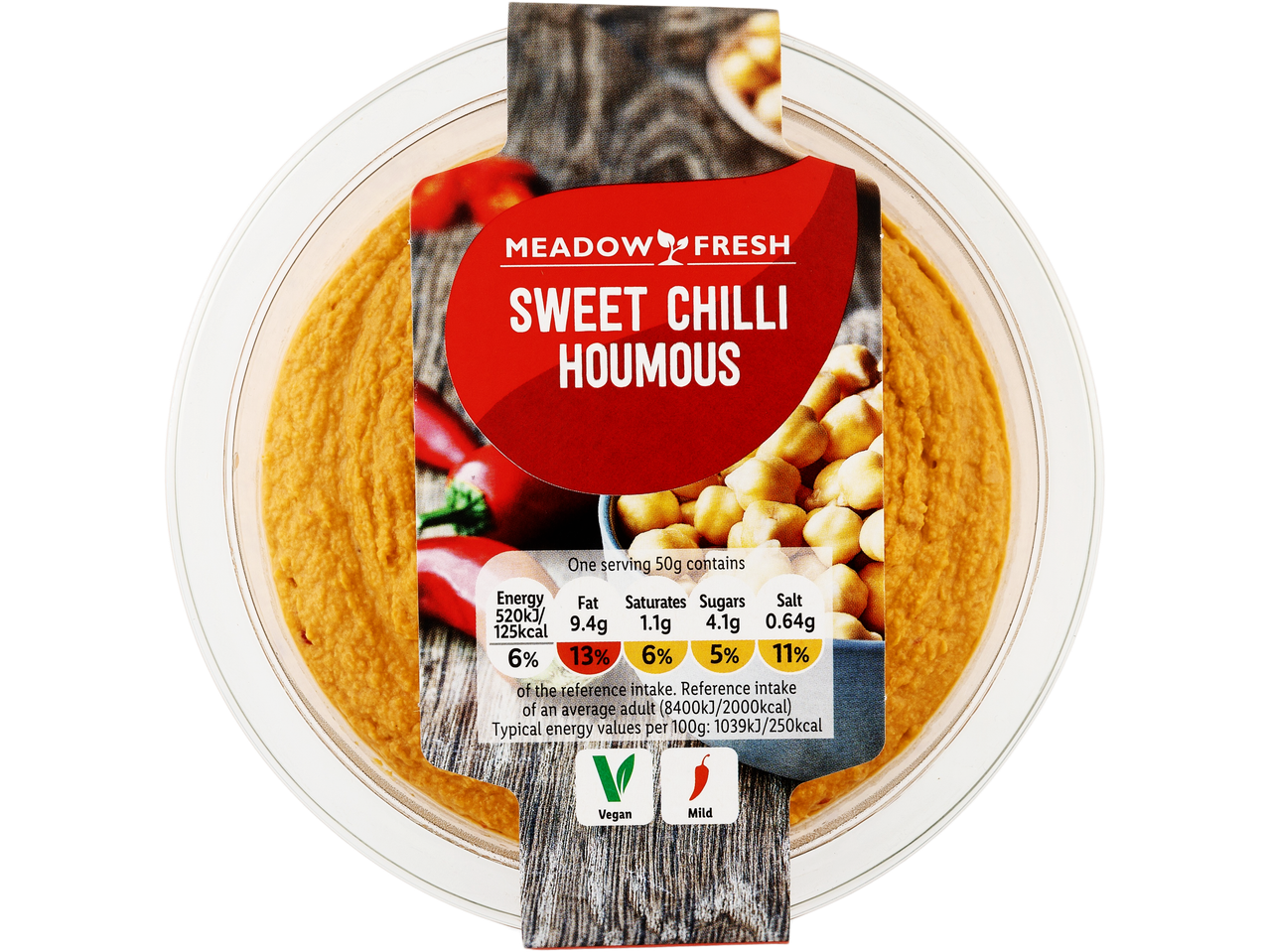 Meadow Fresh Sweet Chilli Hummus: vegan, sweet and spicy dip.