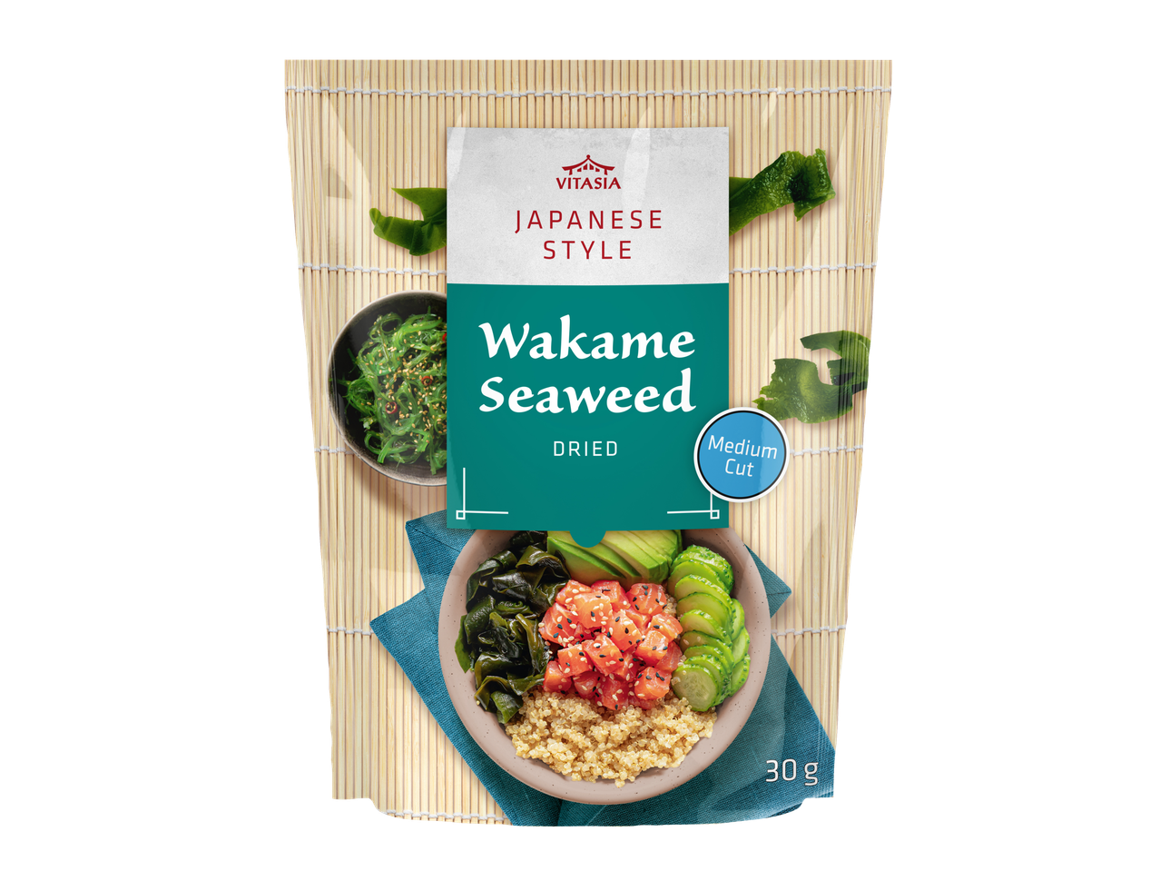 VITASIA Wakame jūras aļģes, kaltētas, japāņu stila, 30g iepakojums uz bambusa paklāja
