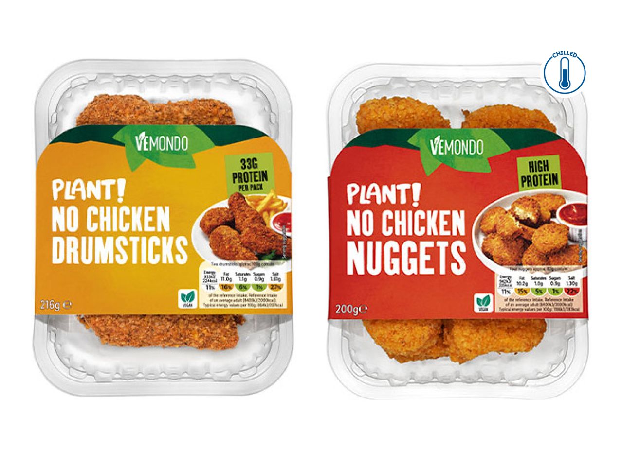 Two packs of plant-based no chicken drumsticks and nuggets, both high in protein and chilled.