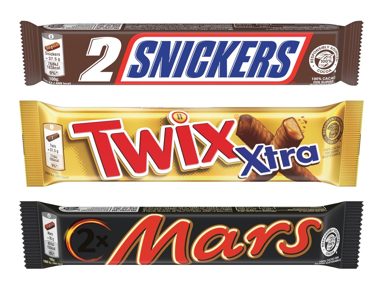 Batoane de ciocolată Snickers, Twix Xtra și Mars.