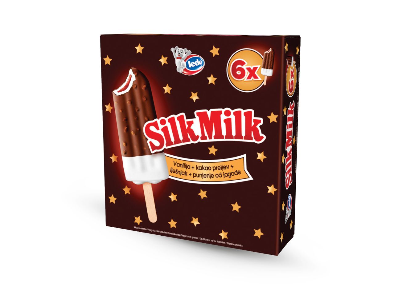 Pakiranje Ledo Silk Milk sladoleda s 6 čokoladnih sladoleda s vanilijom i jagodama.