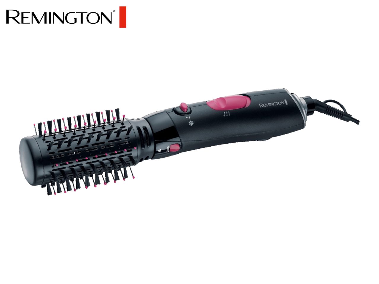 Black hot air styler with pink accents and a round brush head.
