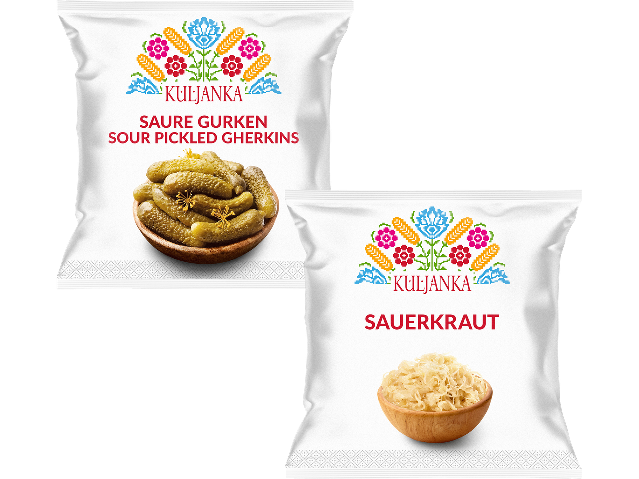 Två vita förpackningar med Kuljanka-märkta sura inlagda gurkor och surkål.