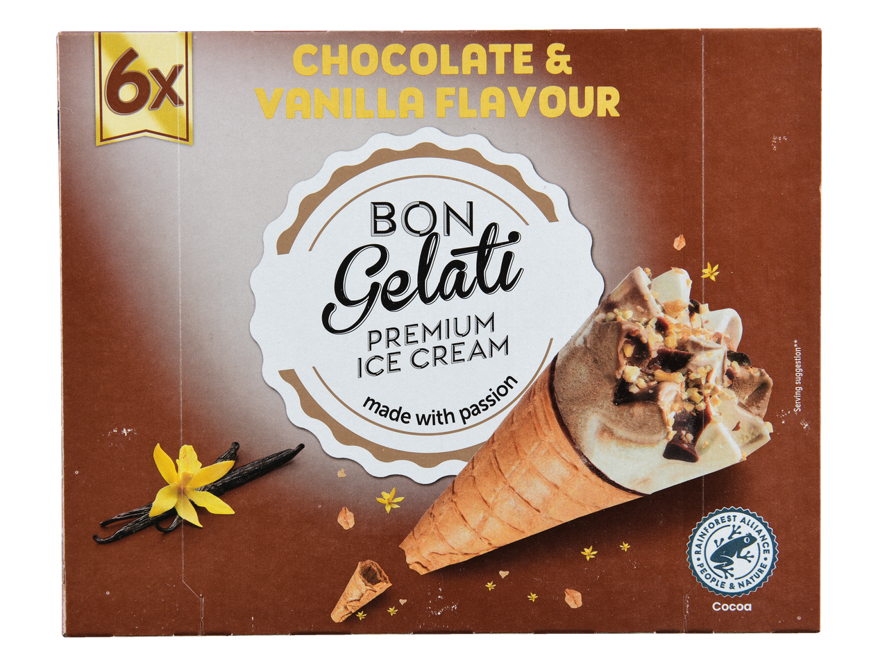 Bon Gelati sorvete premium: cones com sabor de chocolate e baunilha (6 un).