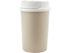 A beige plastic cup with a white lid.