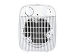 White electric fan heater with two control knobs and a red indicator light.