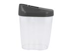 A clear plastic container with a dark gray lid.