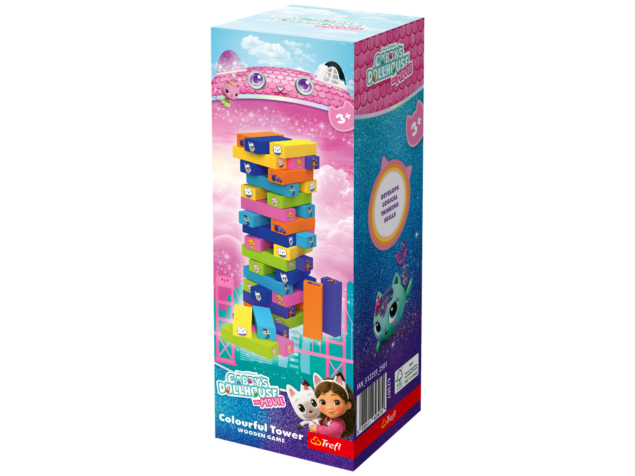 Gabby's Dollhouse Spalvoto bokšto medinis žaidimas, lavinantis loginio mąstymo įgūdžius.