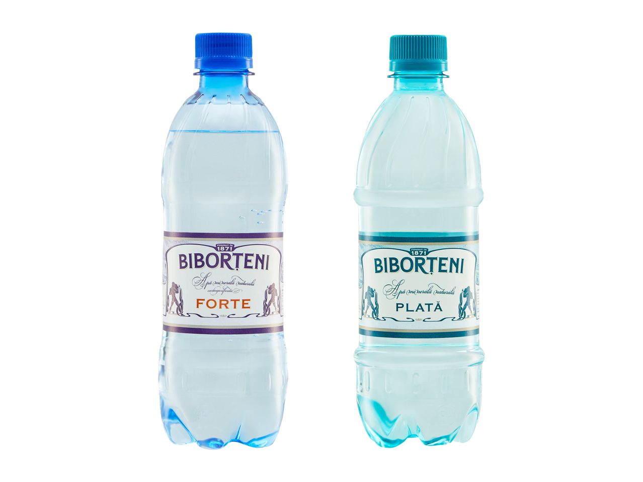 Două sticle de apă minerală Borsec, una cu aromă de fructe și una plată.