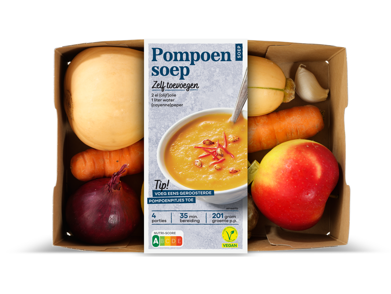 Verspakket pompoensoep met ingrediënten zoals pompoen, wortels, ui, knoflook en appel.