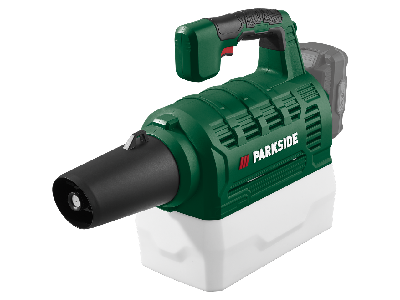 Pulverizador a bateria verde com depósito branco e bateria cinzenta.