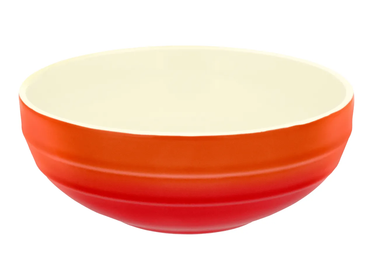 Red and orange ceramic bowl with a cream-colored interior
