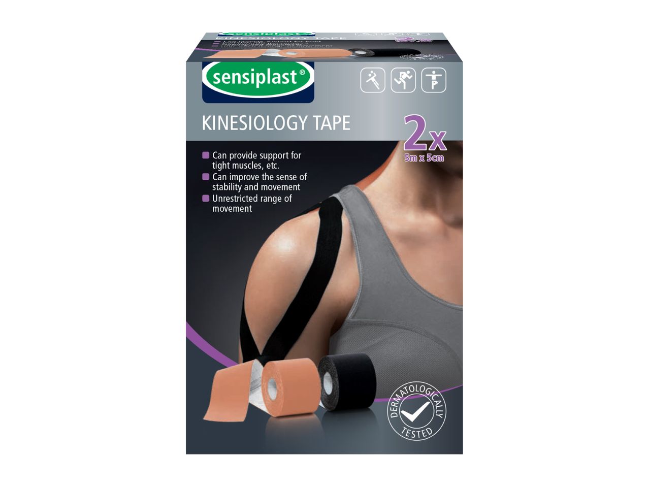 Sensiplast Kinesiology Tape box with product features and two rolls of tape.