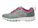 A single green and pink hiking shoe with a white sole and textured tread.