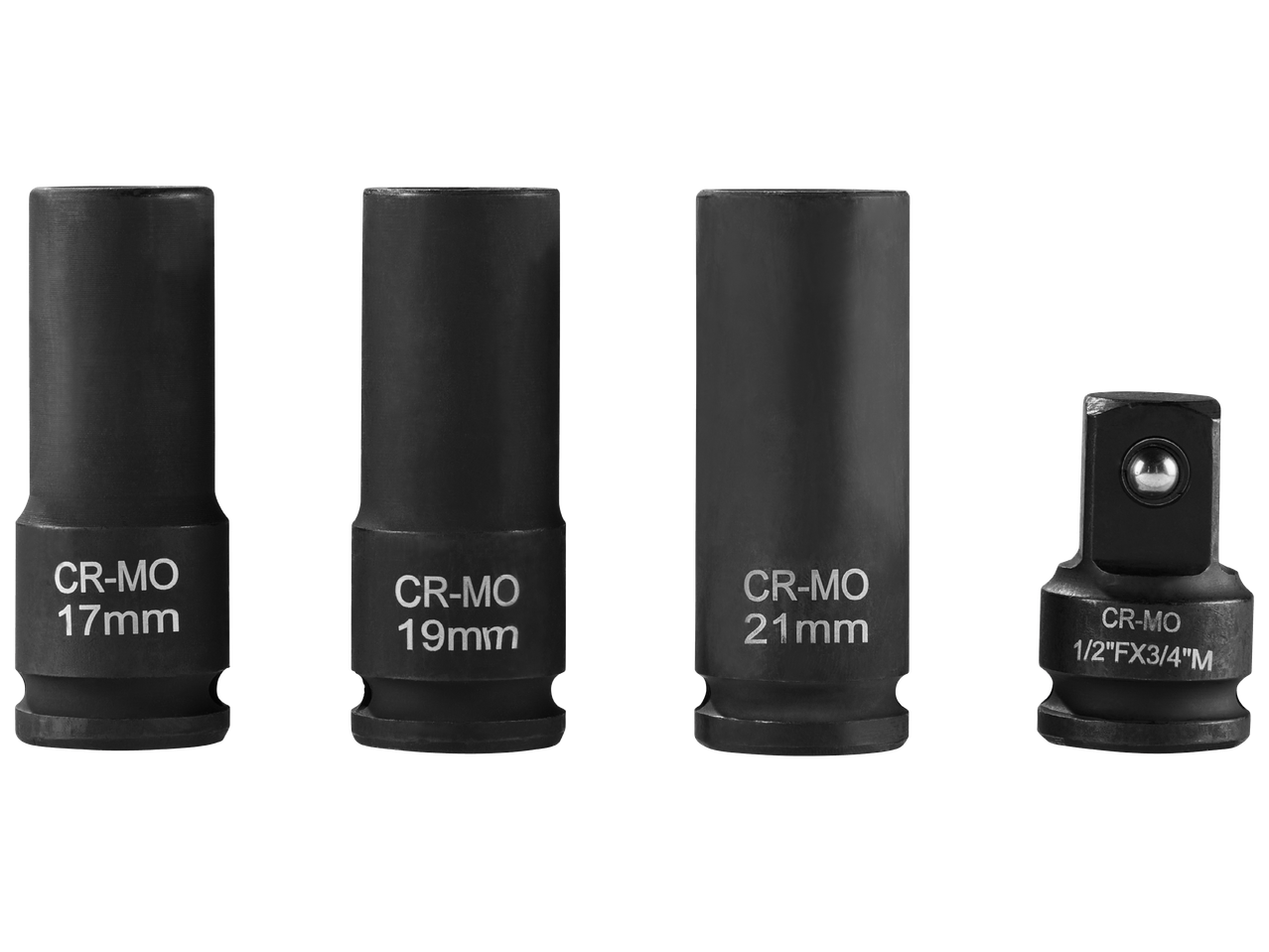 Комплект от три черни ударни вложки (17 мм, 19 мм, 21 мм) и адаптер за вложки.