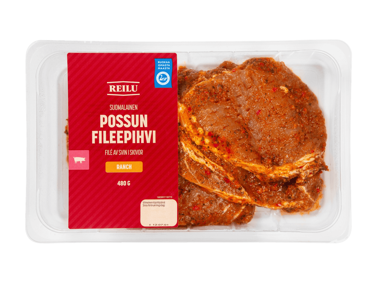 Pakkaus marinoituja porsaanfileepihvejä, 480 g, Ranch-maustettuna.