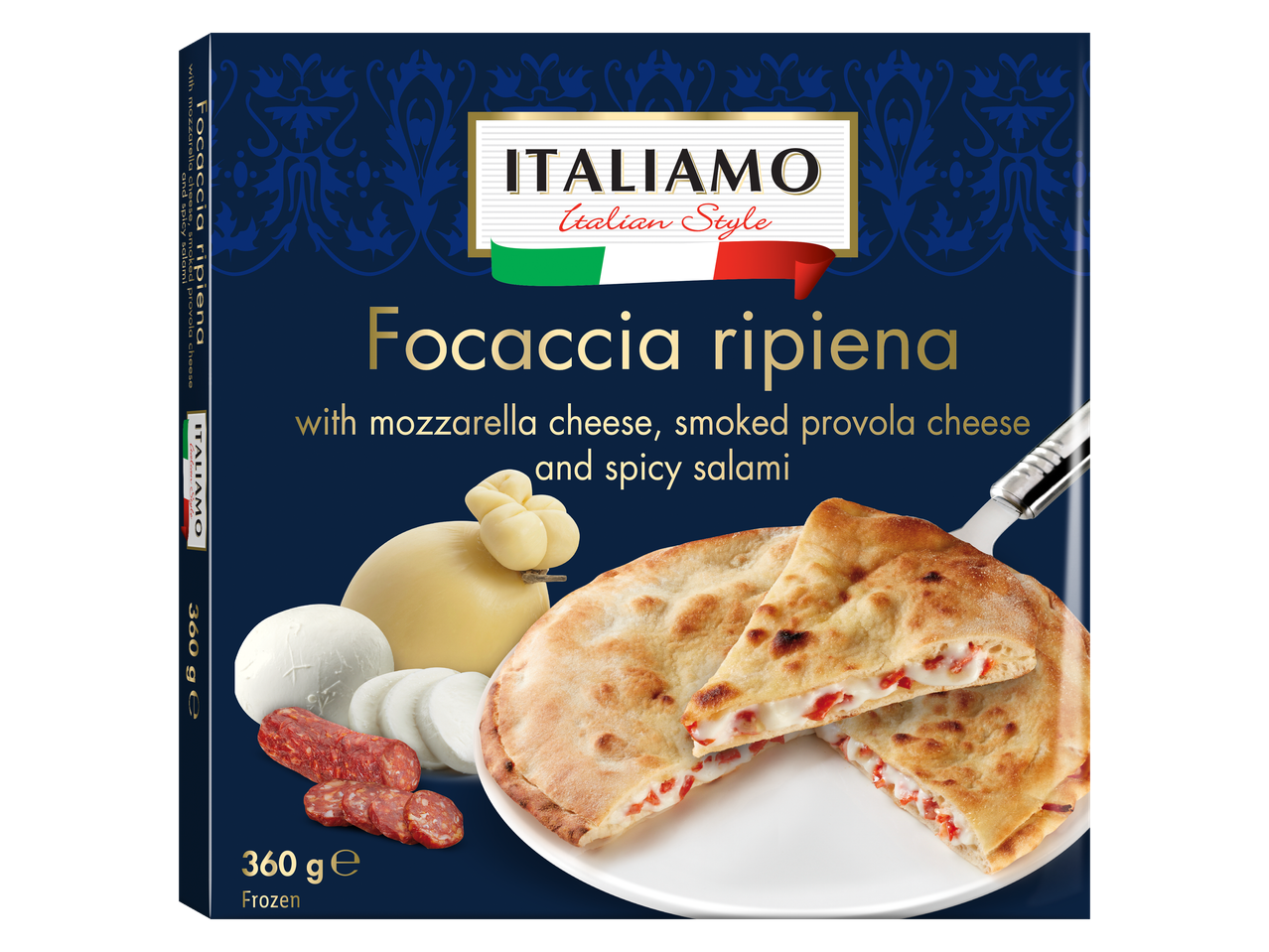 ITALIAMO focaccia ripiena com mozzarella, provolone defumado e salame picante.