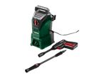 Green and black pressure washer with a spray gun and two nozzles on a white background.