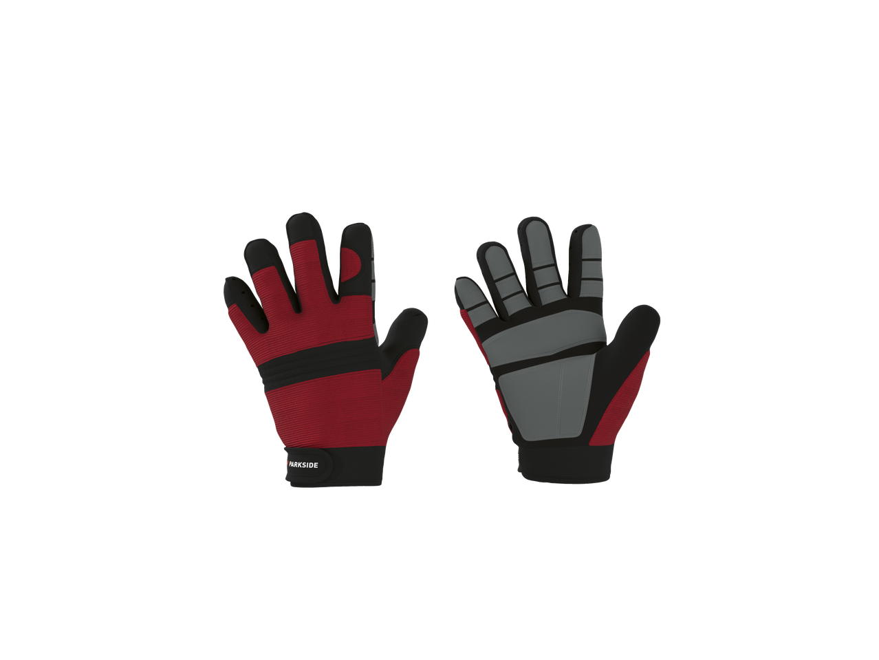 PARKSIDE radne rukavice u crvenoj i sivoj boji, prednji i stražnji pogled.