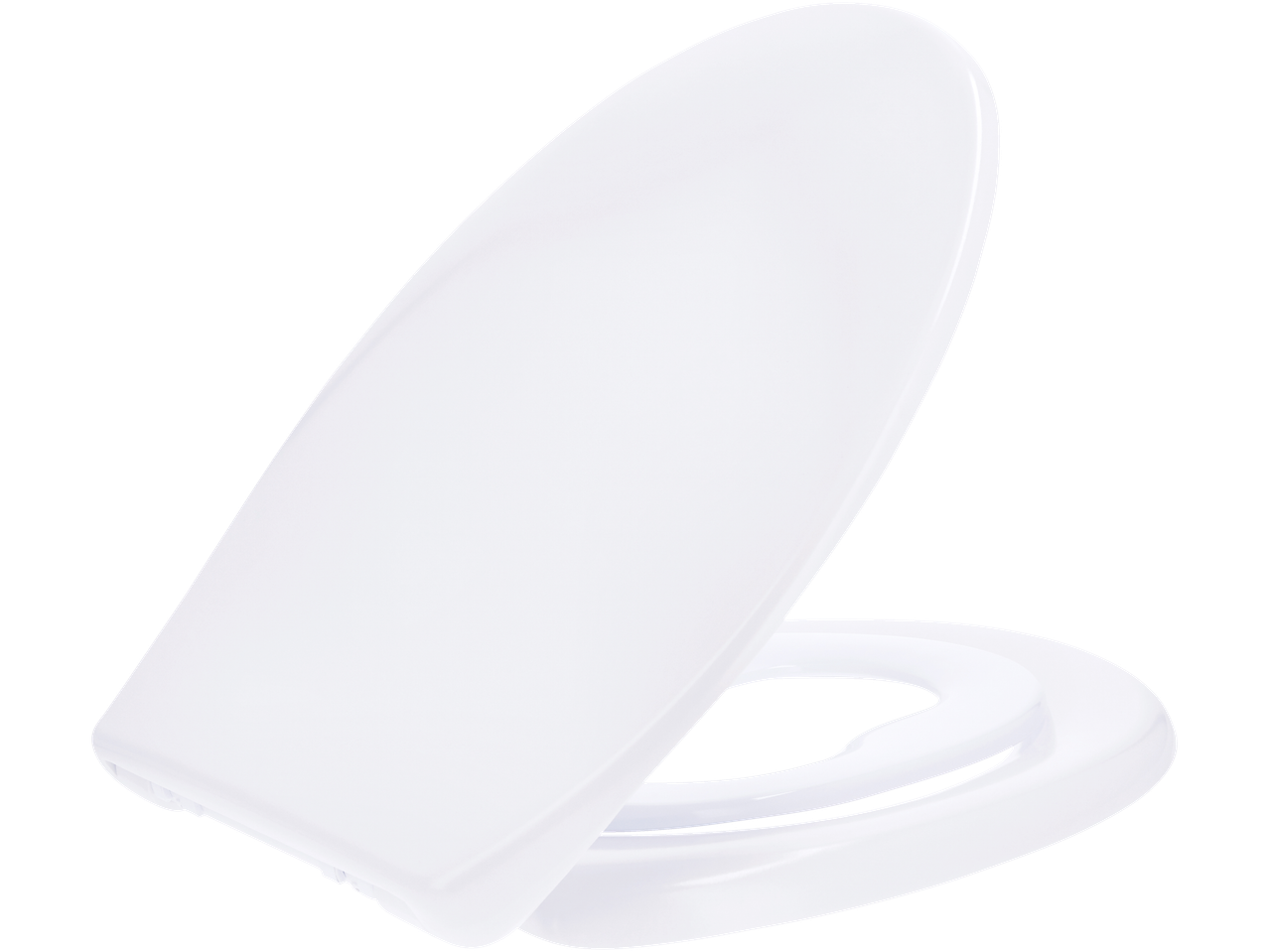 Livarno Toalettsits: Balts atvērts tualetes sēdeklis uz melna fona.