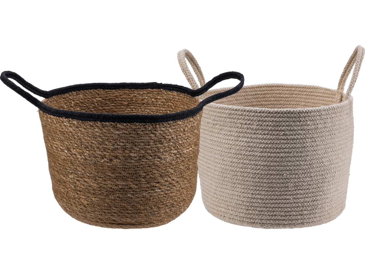 Två runda förvaringskorgar, en brun flätad och en beige repkorg.