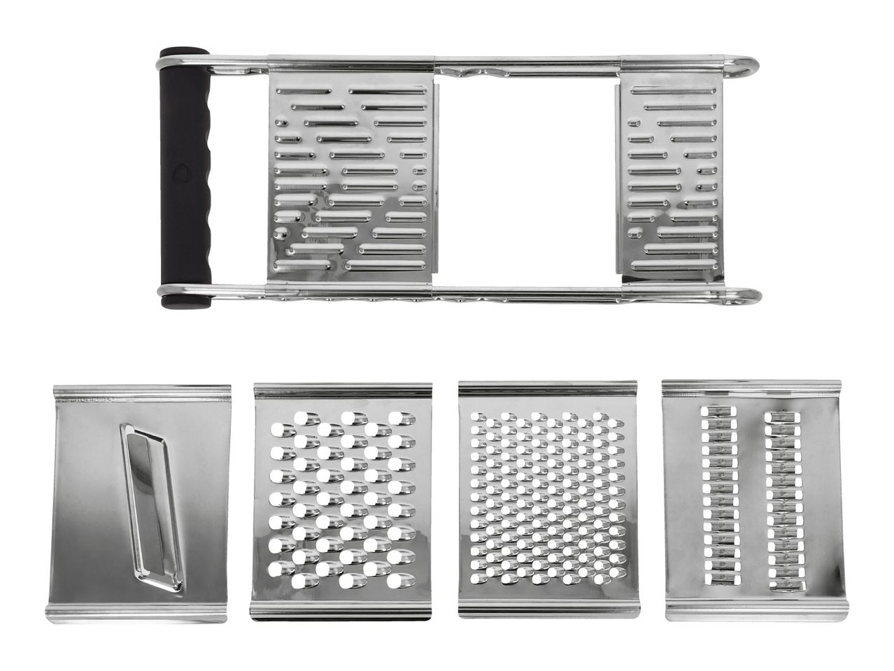 Stainless steel grater with interchangeable blades for different grating styles.