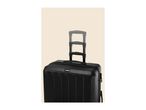 Black hard-shell suitcase with an extended telescopic handle on a light background.