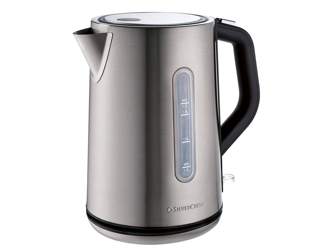 Stainless steel electric kettle with a water level indicator and black handle.