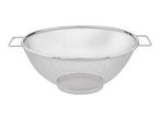 Stainless steel fine-mesh strainer with handles.