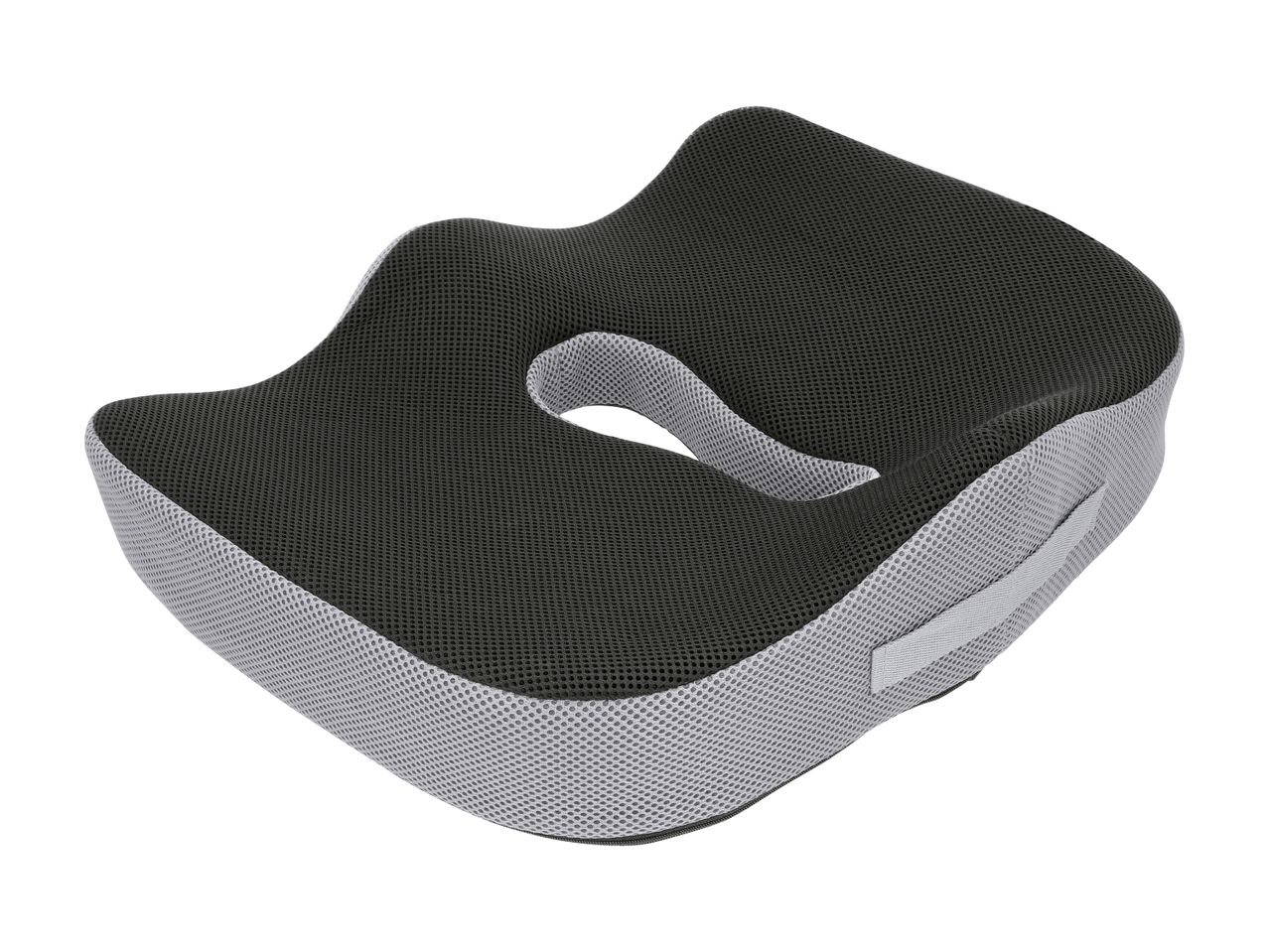 Ergonomic seat cushion in black and grey mesh fabric with a cutout for tailbone relief.