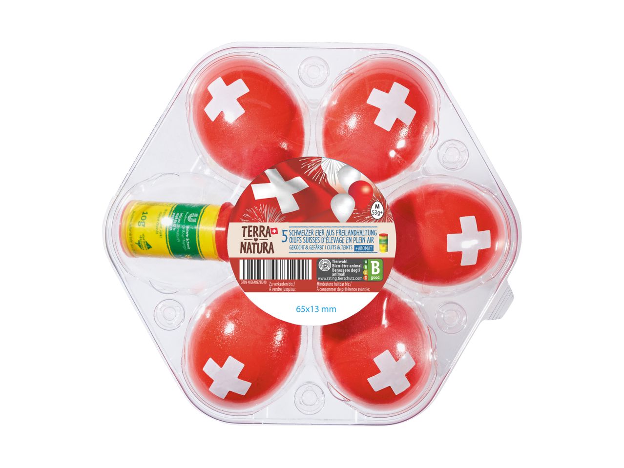 5 rote Eier mit Schweizerkreuz, Terra Natura Marke.