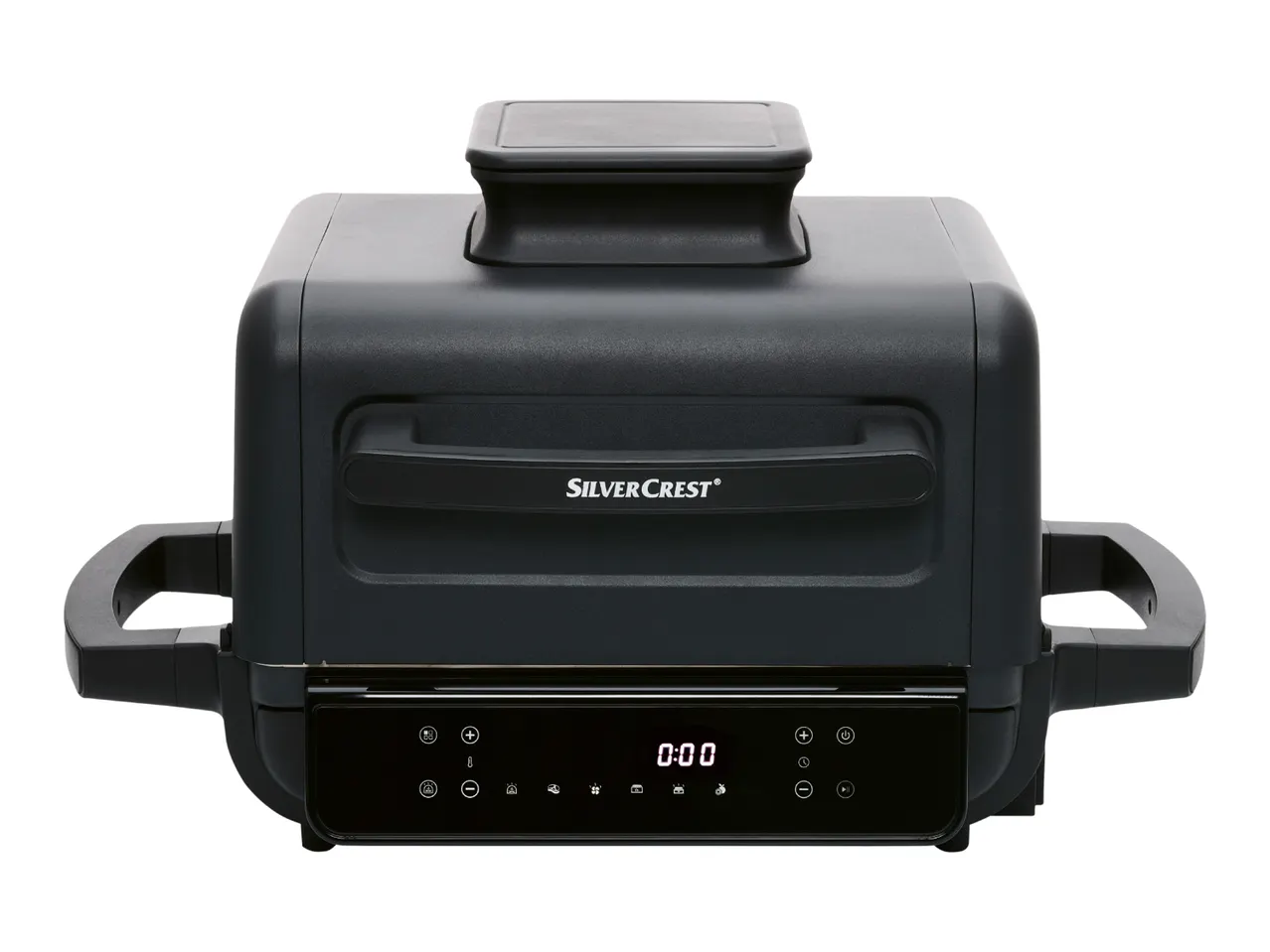 Black air fryer with a digital display showing '0:00' and various cooking icons.