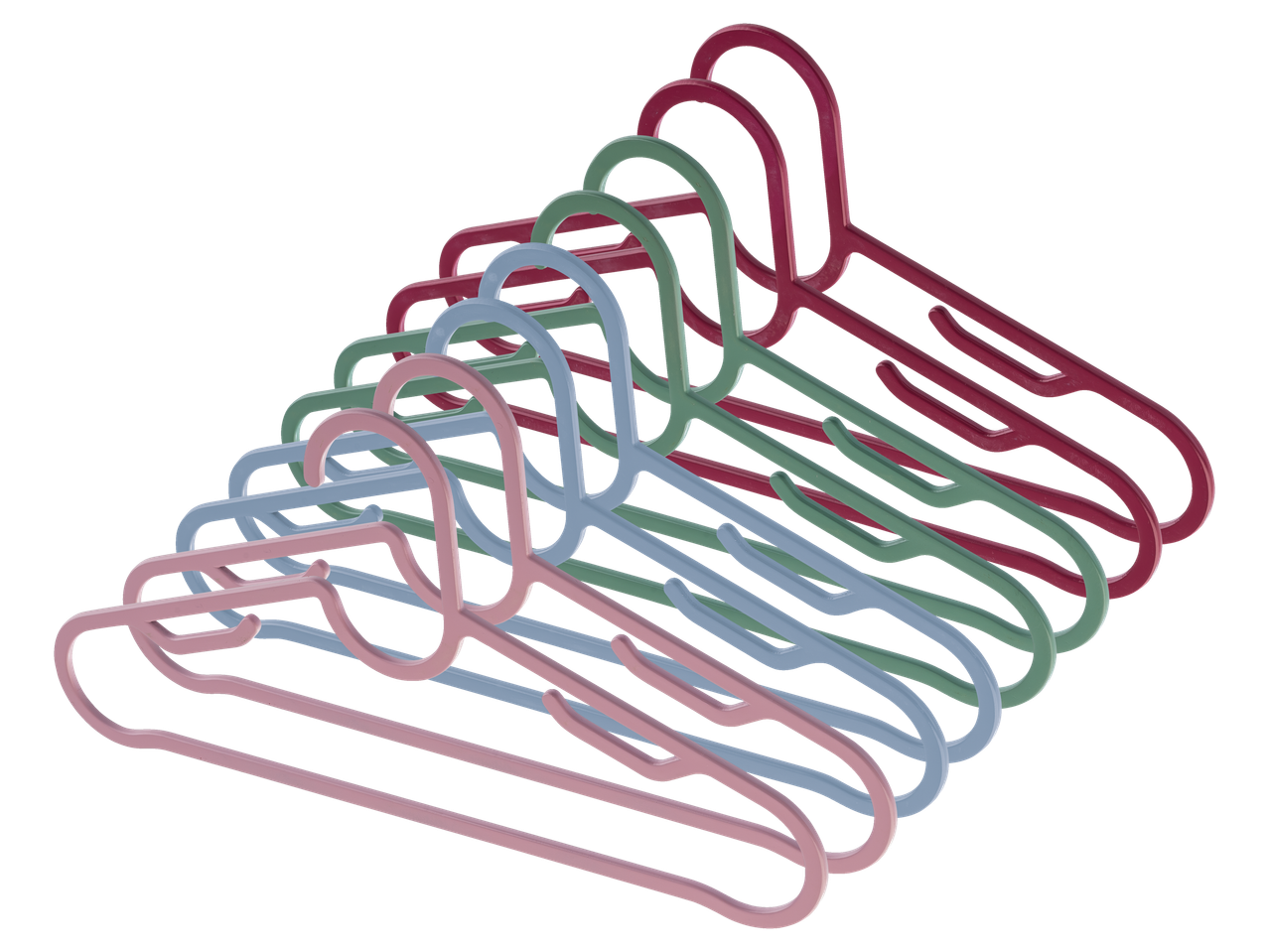 Krūvelė pastelinių spalvų plastikinių drabužių pakabų.