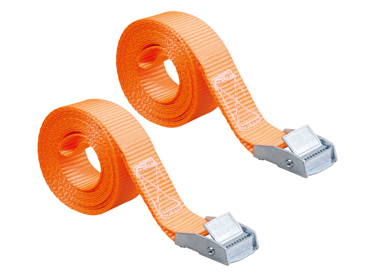 Divas oranžas stiprinājuma siksnas ar metāla sprādzēm.