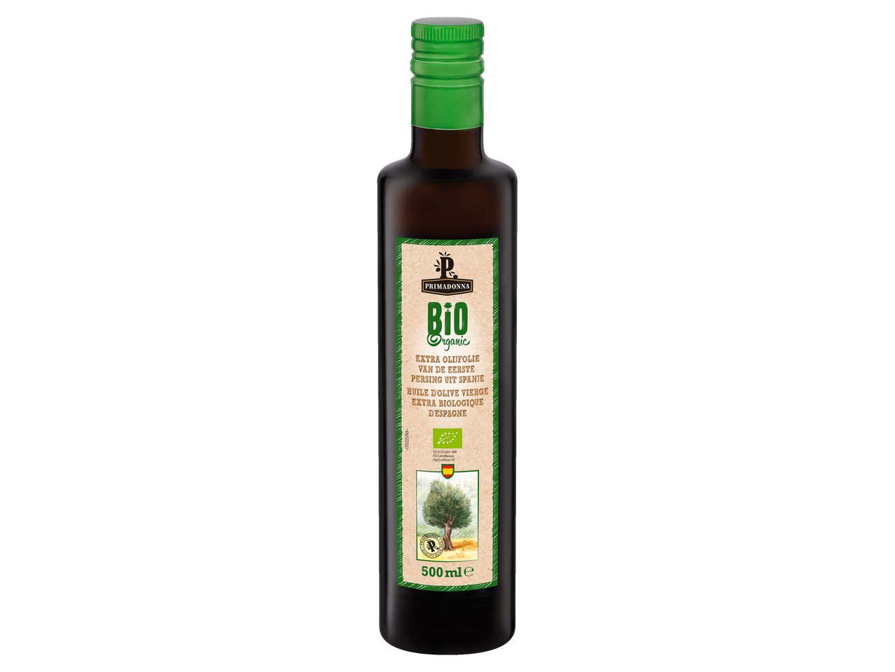 Huile d'olive vierge extra biologique Primadonna d'Espagne, bouteille de 500ml.