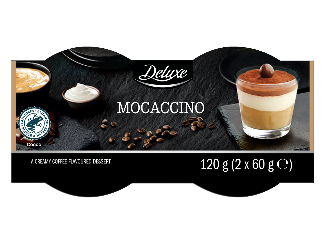 Deluxe Mocaccino kreminis desertas su kavos skoniu, 120 g (2 x 60 g).