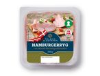 Pakke med skiveskåret hamburgerryg, mærket 'Pålægs Slagteren', med dansk flag og information om produktet.