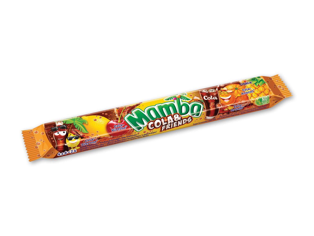 En pakke med cola- og frugtsmagskarameller, inklusive cola, kirsebær, citron, ananas og appelsin.