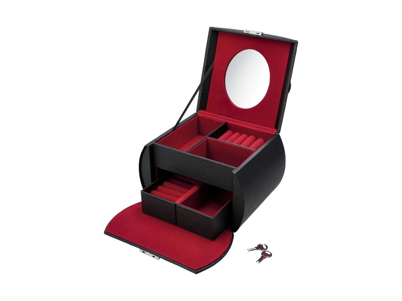 Sort smykkeskrin med rødt for, spejl og to nøgler.