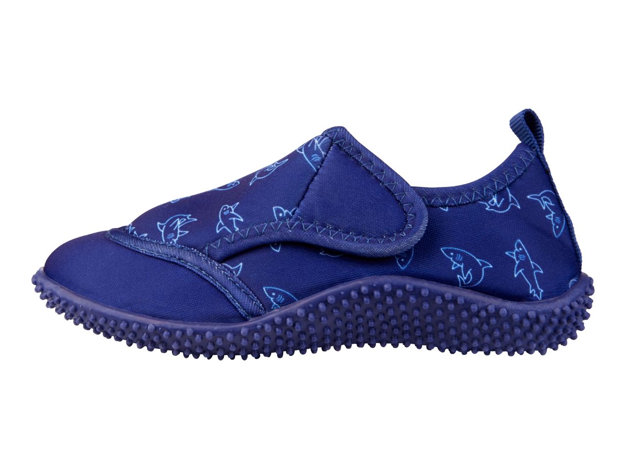 Blue children's water shoes with shark patterns and a textured sole.