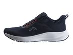 Dark blue athletic shoe with orange accents and a white sole, side view.