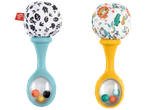 Two Fisher-Price baby rattles with fabric tops and colorful beads inside.