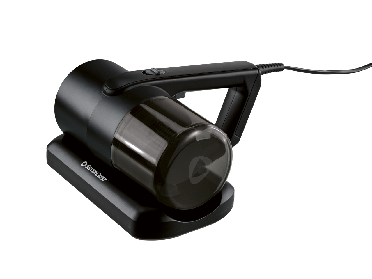 Aspirador antiácaros SILVERCREST preto com base de carregamento.
