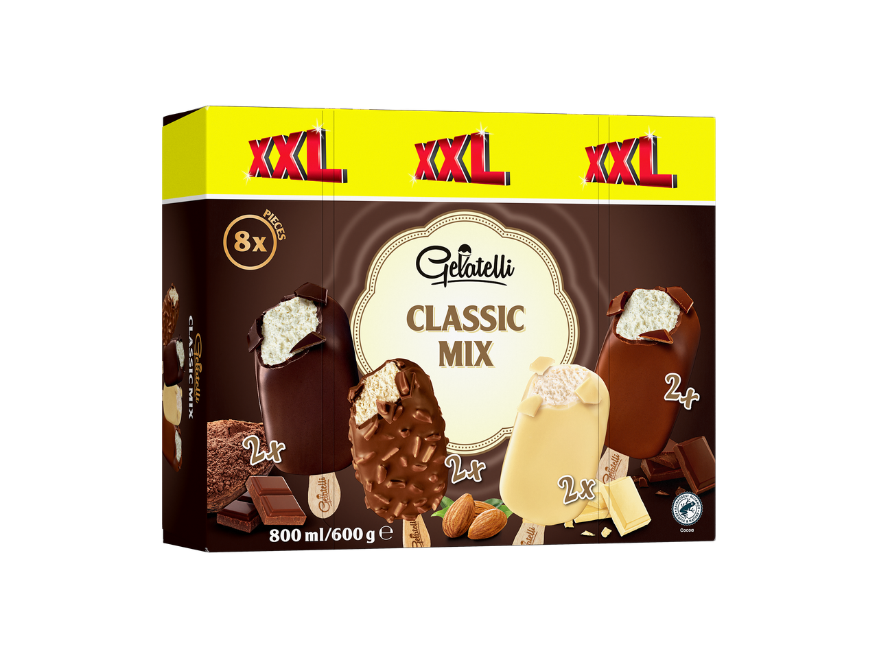 Gelados Gelatelli Classic Mix XXL: 8 unidades de chocolate, amêndoa e chocolate branco.