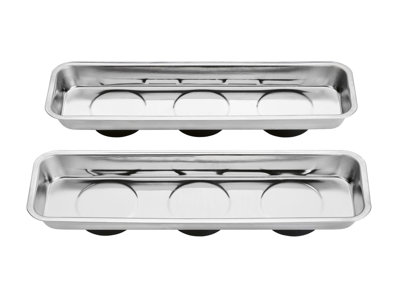 Two rectangular magnetic parts trays made of stainless steel.
