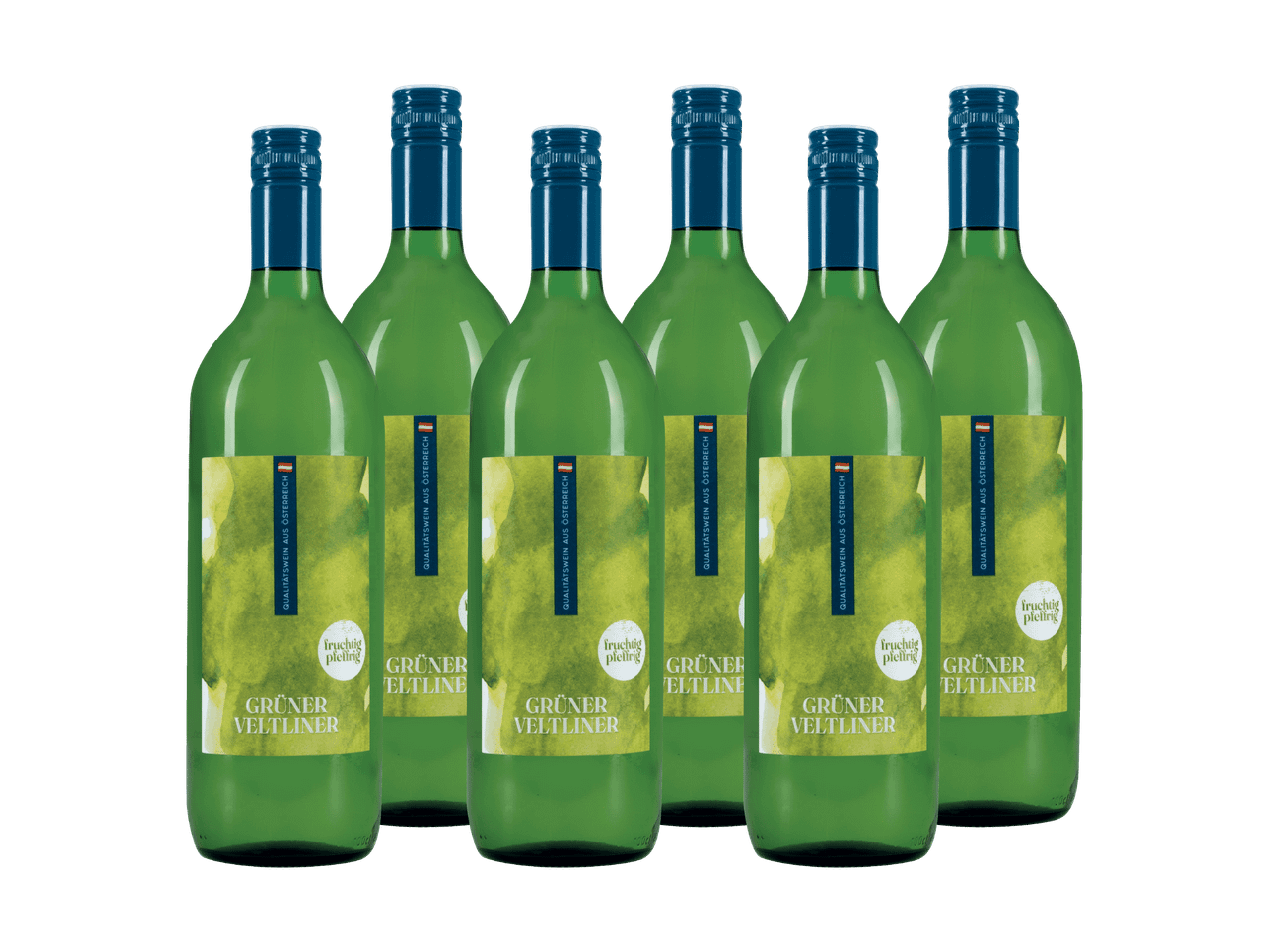 Sechs Flaschen Grüner Veltliner Qualitätswein aus Österreich mit grünen Etiketten.