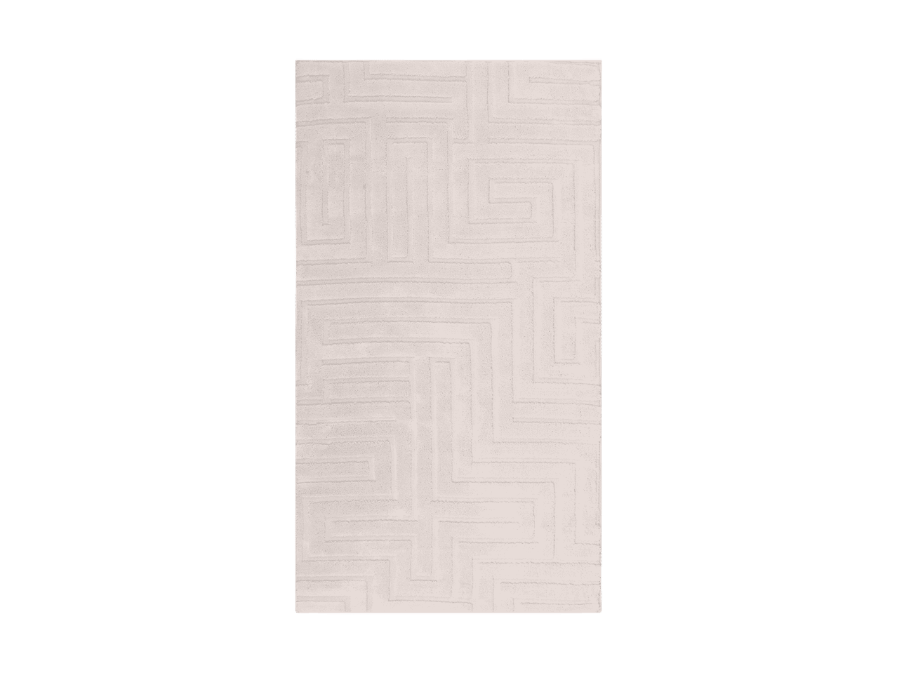 Rechteckiger, cremefarbener Teppich mit modernem, geometrischem Labyrinth-Muster.
