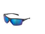 A pair of black sunglasses with blue mirrored lenses.