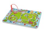 Wooden magnetic maze board with a city theme, featuring cars, buildings, and colorful beads.